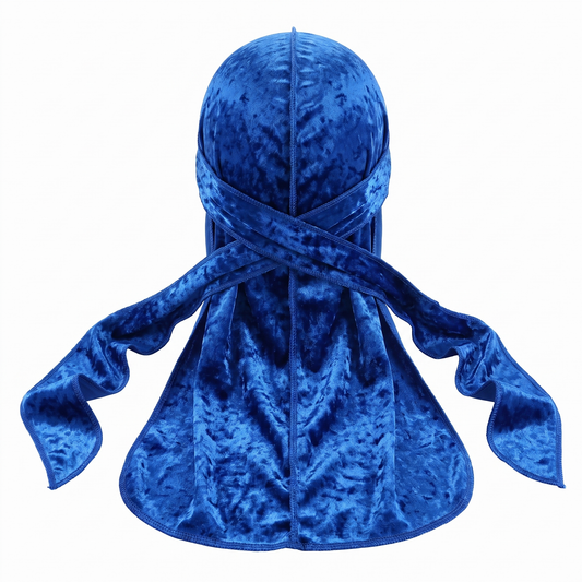 Premium Crushed Velvet Blue JagRag - premium velvet durag back view showing wrap straps, tail and stitching