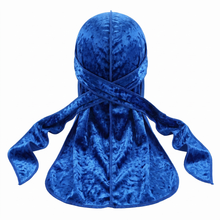 Premium Crushed Velvet Blue JagRag - premium velvet durag back view showing wrap straps, tail and stitching