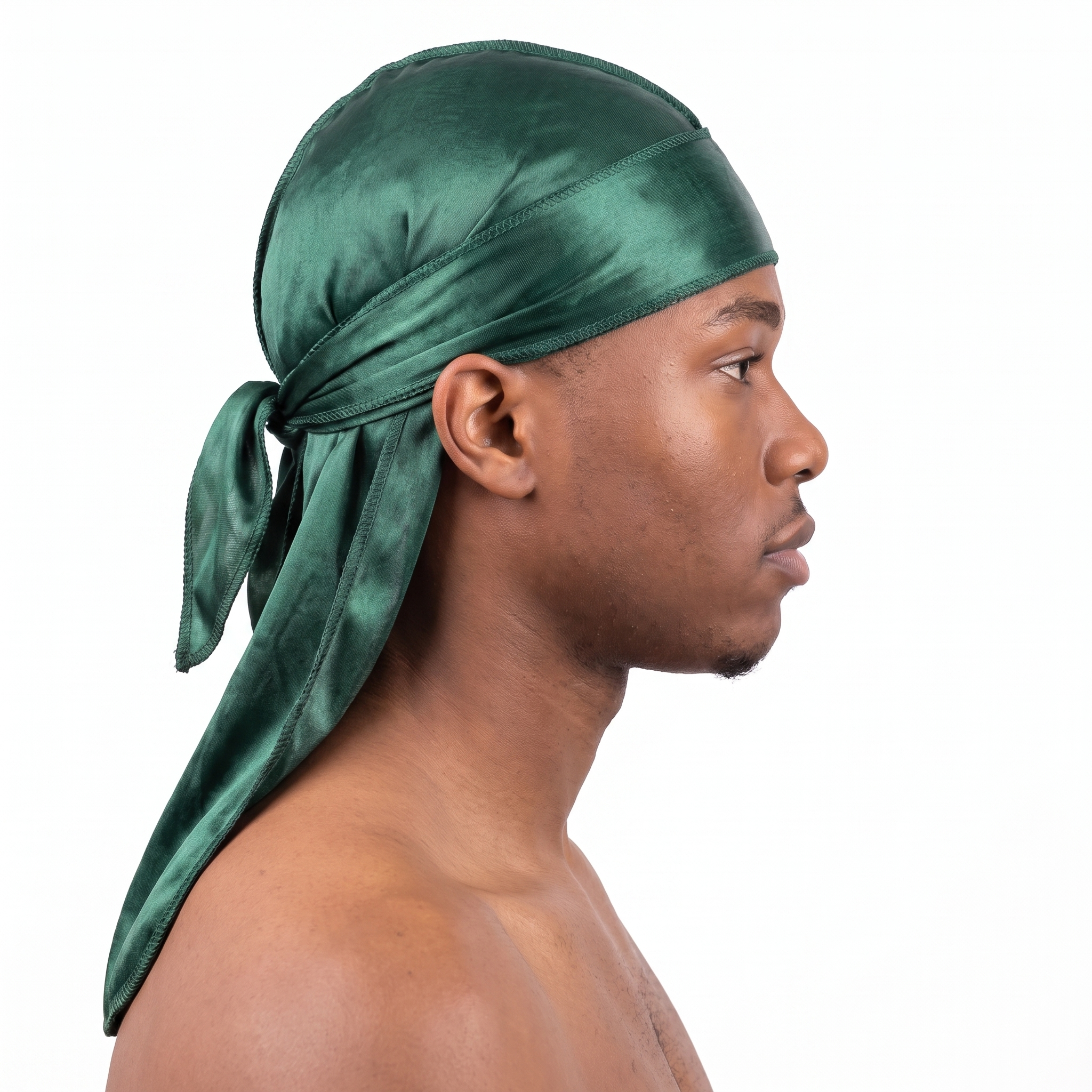 Premium Silk Durag Forest Green worn by male model, side profile showing fit and tail drape