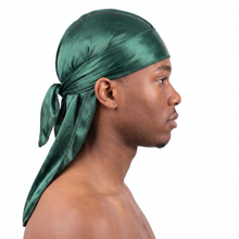 Premium Silk Durag Forest Green worn by male model, side profile showing fit and tail drape