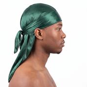 Premium Silk Durag Forest Green worn by male model, side profile showing fit and tail drape