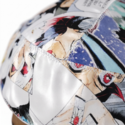 Demon Slayer anime graphic Satin Silky Durag fabric close-up showing Demon Slayer anime graphic print and stitching detail