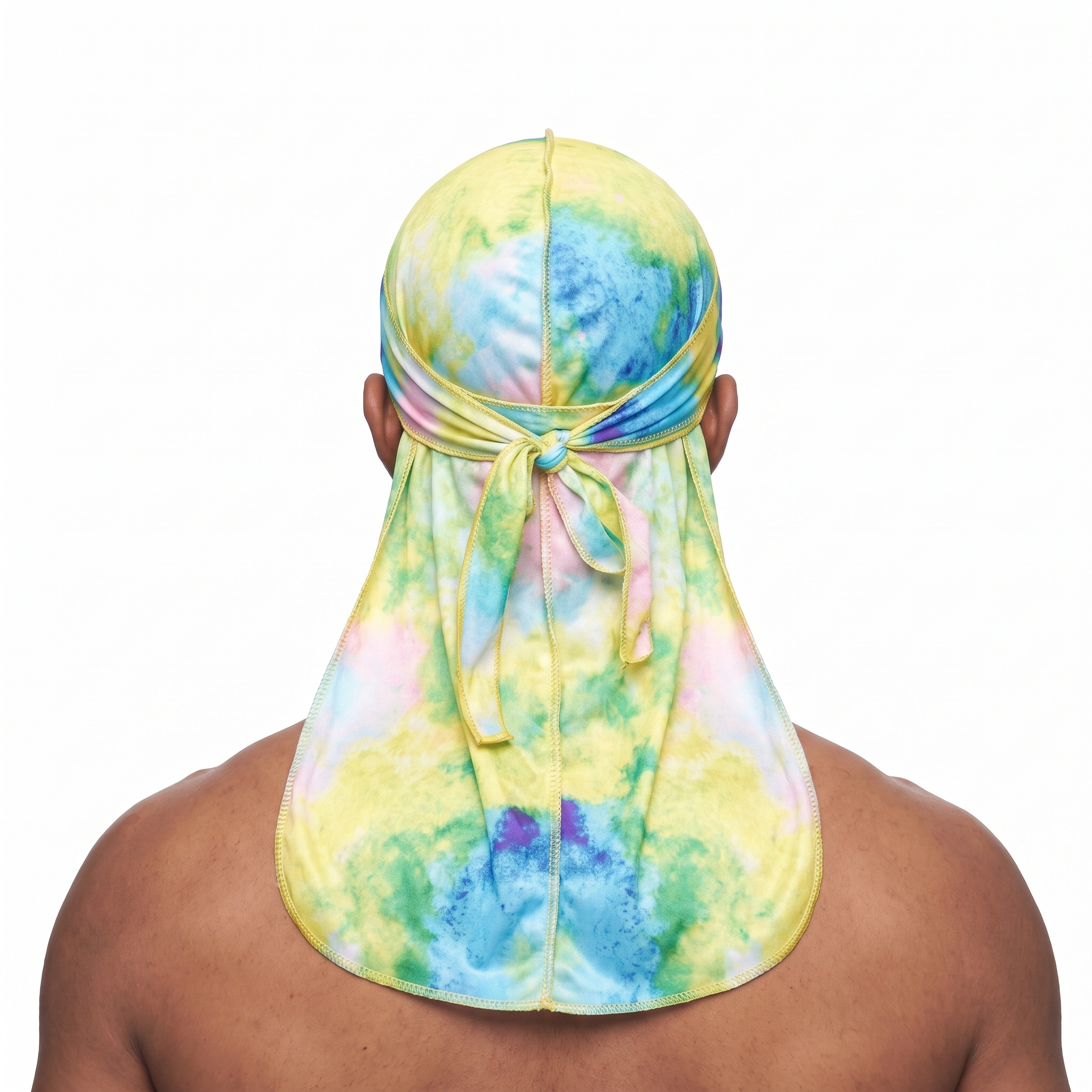 Pastel Island Love Satin Silky Durag worn by male model, back view showing tied wrap and tail
