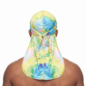 Pastel Island Love Satin Silky Durag worn by male model, back view showing tied wrap and tail