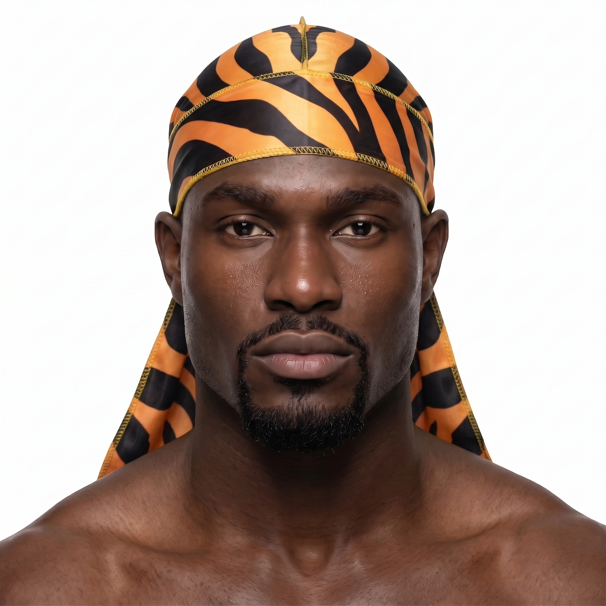 Tiger stripe animal print Satin Silky Durag worn by male model, front view on white background