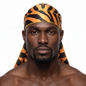 Tiger stripe animal print Satin Silky Durag worn by male model, front view on white background