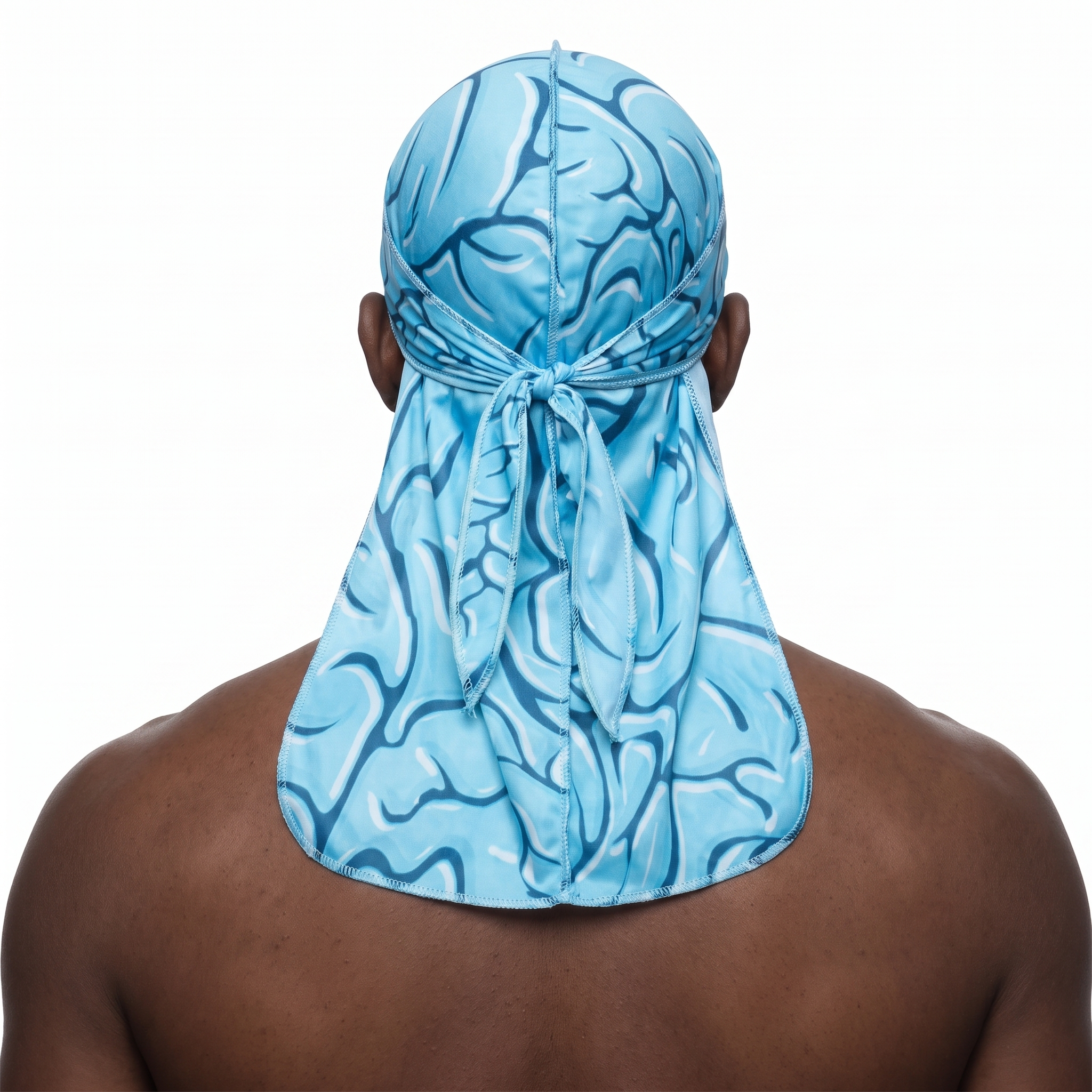 Blue Brains graphic Satin Silky Durag worn by male model, back view showing tied wrap and tail