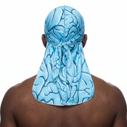 Blue Brains graphic Satin Silky Durag worn by male model, back view showing tied wrap and tail