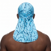 Blue Brains graphic Satin Silky Durag worn by male model, back view showing tied wrap and tail