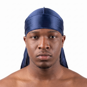 Premium Navy Blue Silk Durag worn by male model, front view on white background