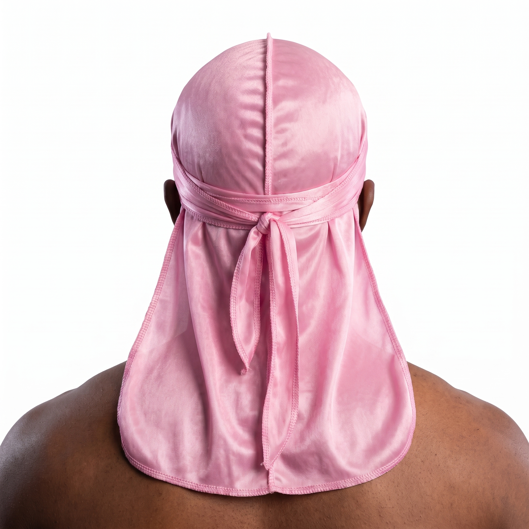 Premium Powder Pink Silk Durag worn by male model, back view showing tied wrap and tail