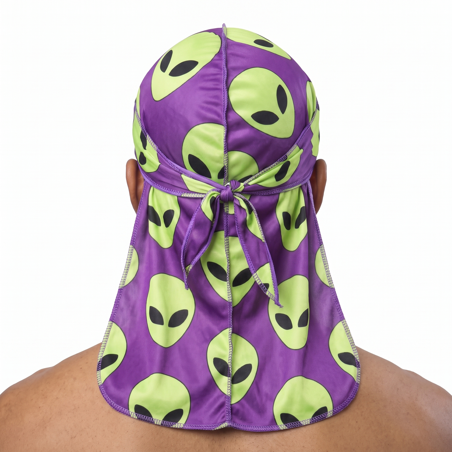 Alien Purple graphic Satin Silky Durag worn by male model, back view showing tied wrap and tail
