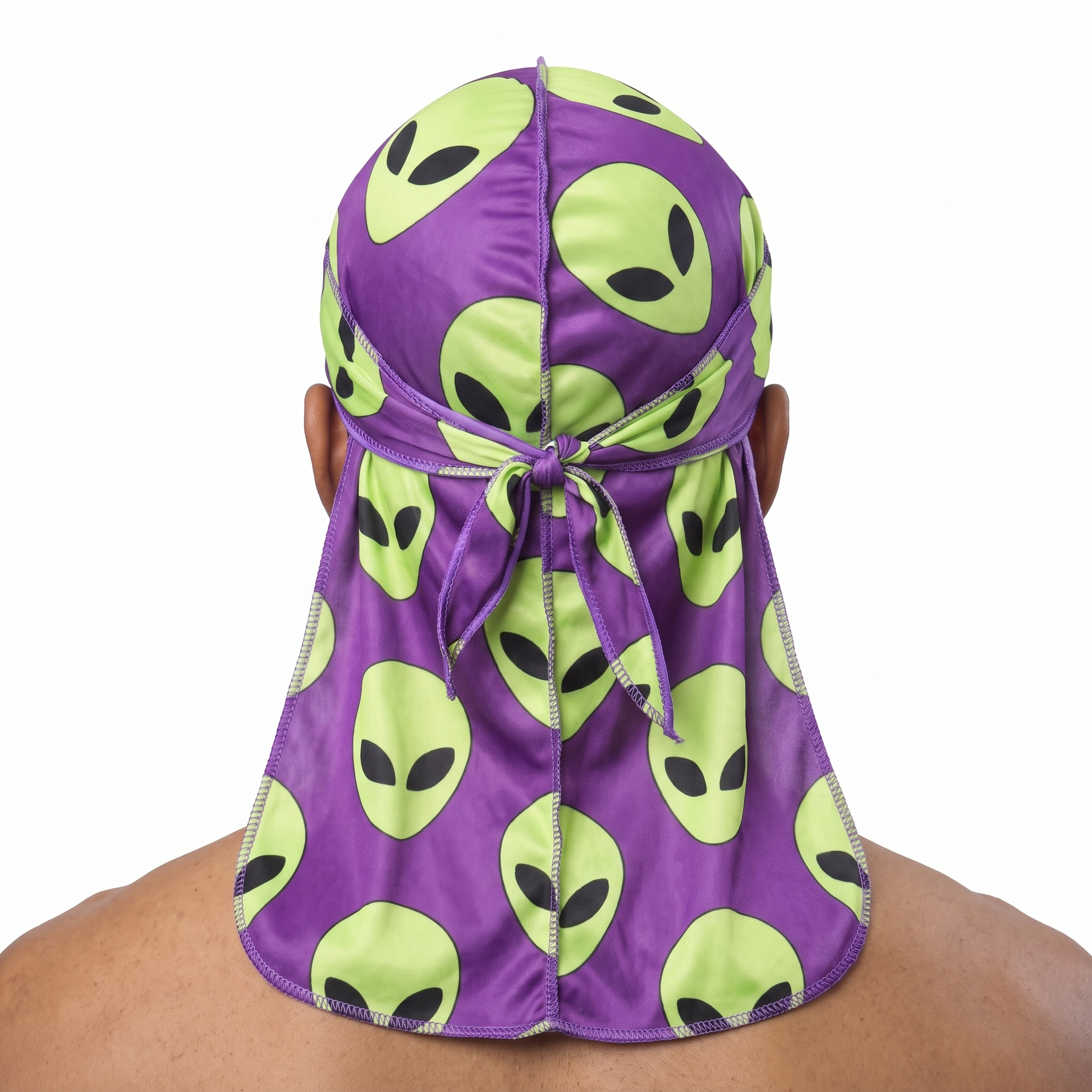 Alien Purple graphic Satin Silky Durag worn by male model, back view showing tied wrap and tail