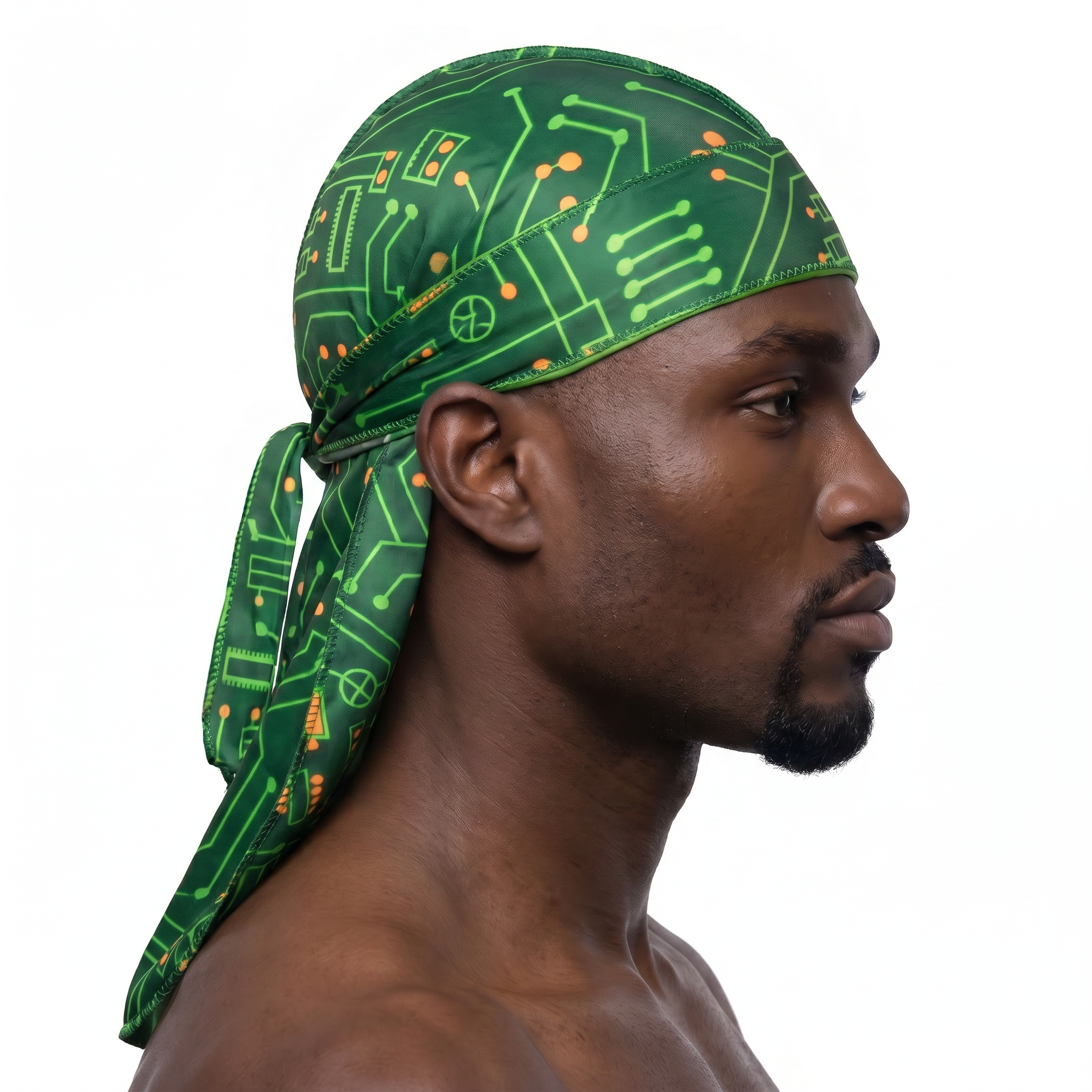Digital Green pixel camo Satin Silky Durag worn by male model, side profile showing fit and tail drape