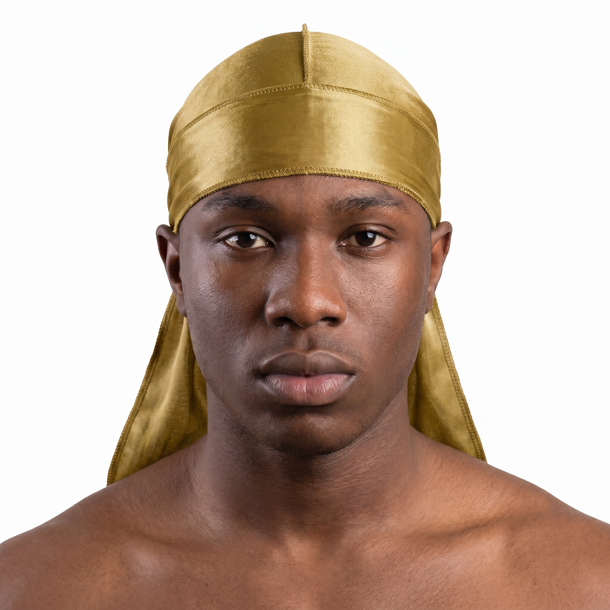 Premium Gold Silk Durag worn by male model, front view on white background