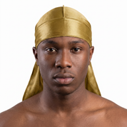 Premium Gold Silk Durag worn by male model, front view on white background