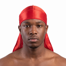 Premium Toronto Red Silk Durag worn by male model, front view on white background