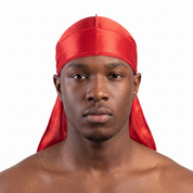 Premium Toronto Red Silk Durag worn by male model, front view on white background