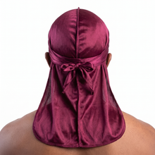 Premium Black Cherry Silk Durag worn by male model, back view showing tied wrap and tail