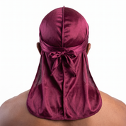 Premium Black Cherry Silk Durag worn by male model, back view showing tied wrap and tail