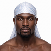 Light Blue Maze geometric Satin Silky Durag worn by male model, front view on white background