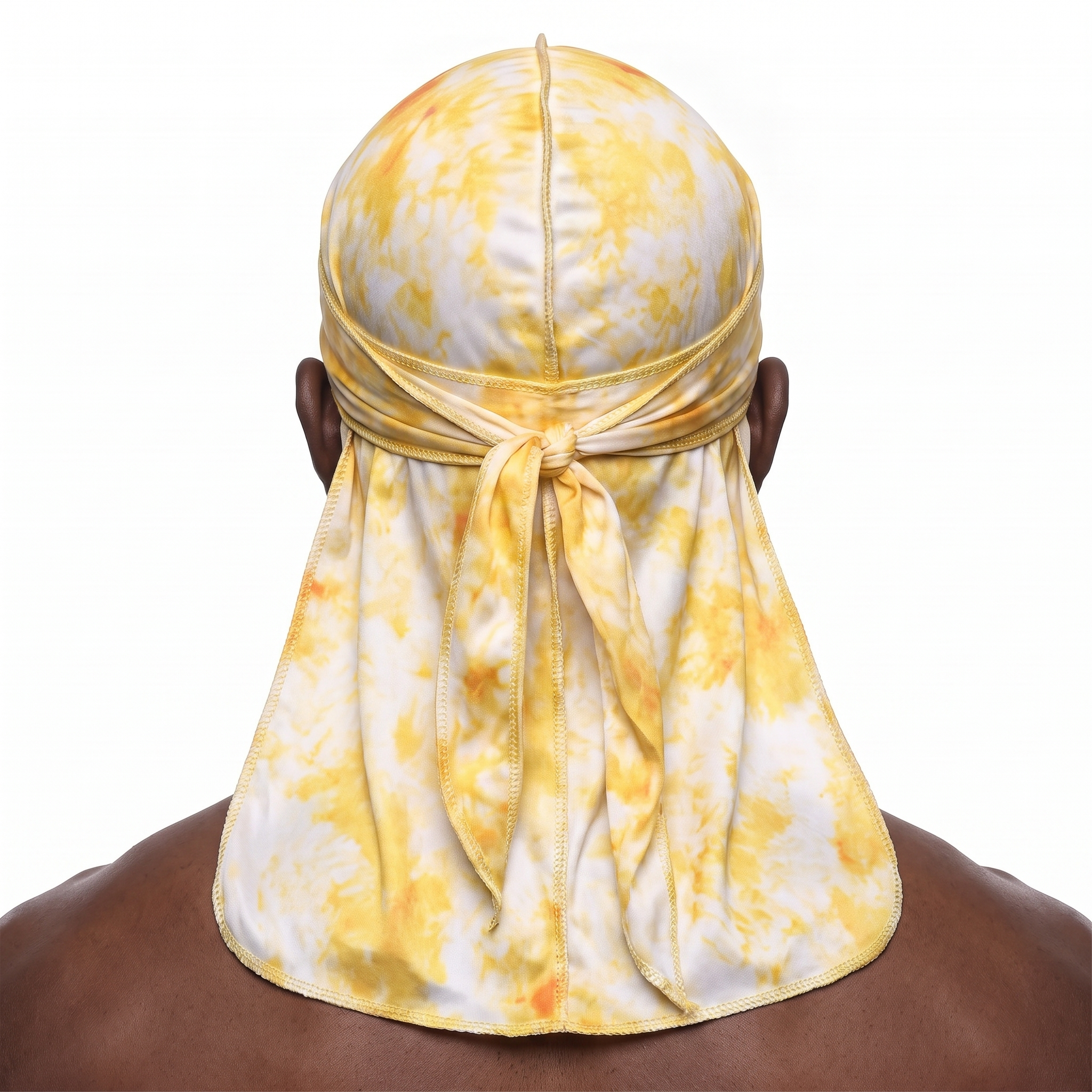 Gold Tye Dye Satin Silky Durag worn by male model, back view showing tied wrap and tail