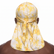 Gold Tye Dye Satin Silky Durag worn by male model, back view showing tied wrap and tail