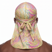 Warm-tone optical illusion swirl Satin Silky Durag worn by male model, back view showing tied wrap and tail