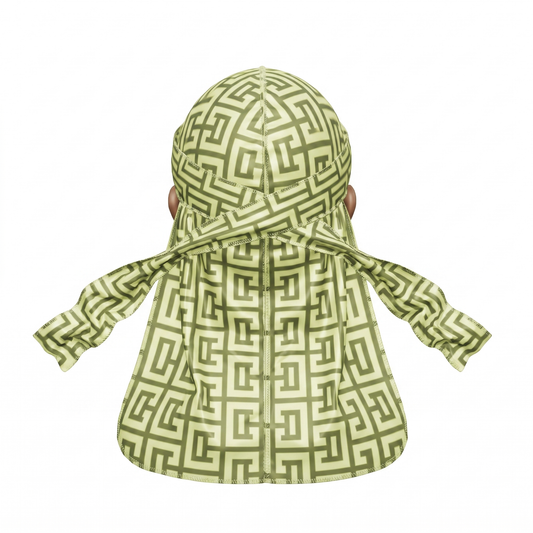 Olive Maze geometric Satin Silky Durag - premium silky durag back view showing wrap straps, tail and stitching