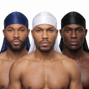 Premium Silk Durag Bundle Midnight Blue - three models wearing Midnight Blue, White and Black heavy silky durags