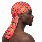 Red Brains graphic Satin Silky Durag worn by male model, side profile showing fit and tail drape