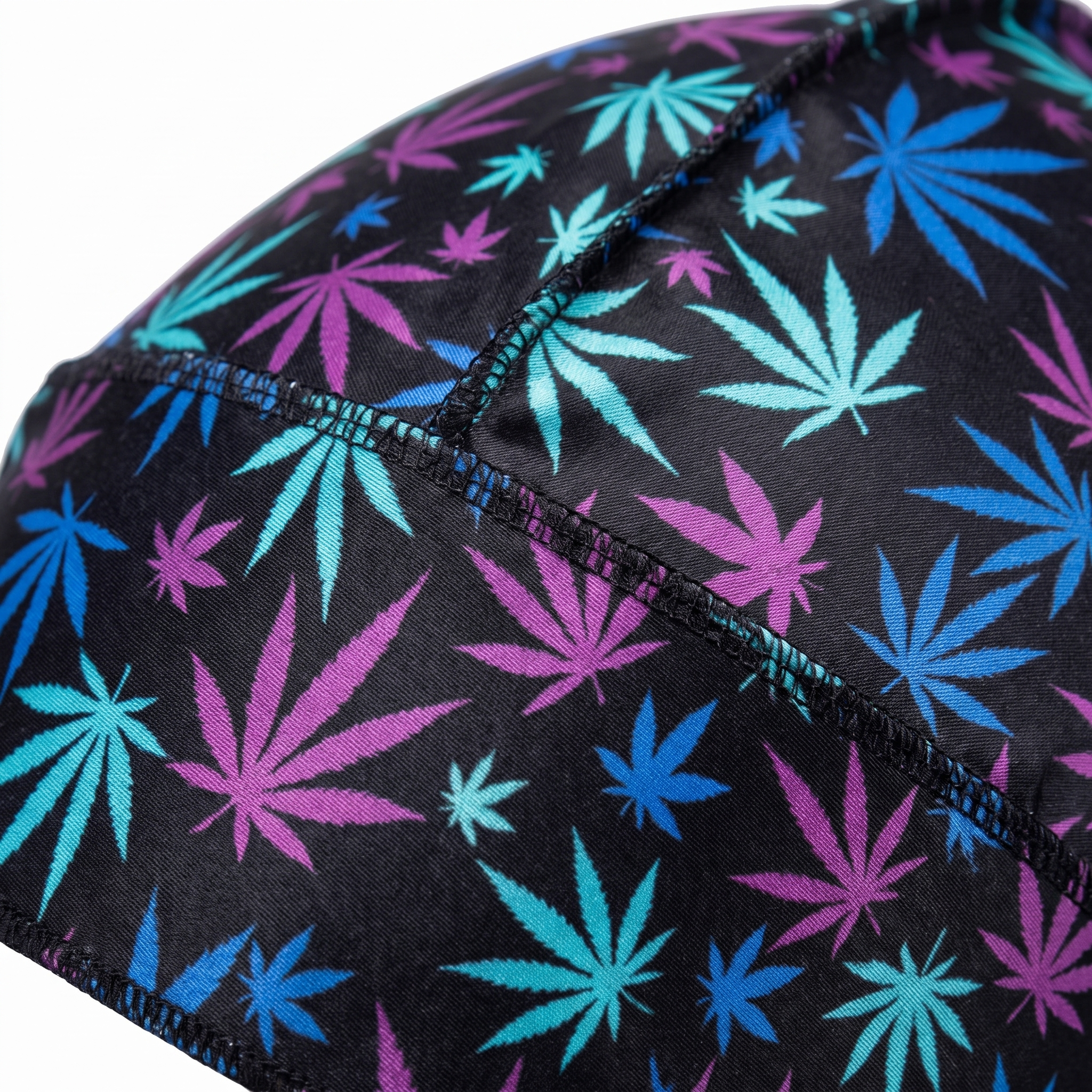 Cannabis Purple and Blue leaf print Satin Silky Durag fabric close-up showing Cannabis Purple and Blue leaf print print and stitching detail