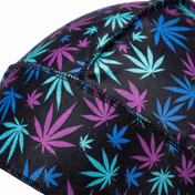 Cannabis Purple and Blue leaf print Satin Silky Durag fabric close-up showing Cannabis Purple and Blue leaf print print and stitching detail