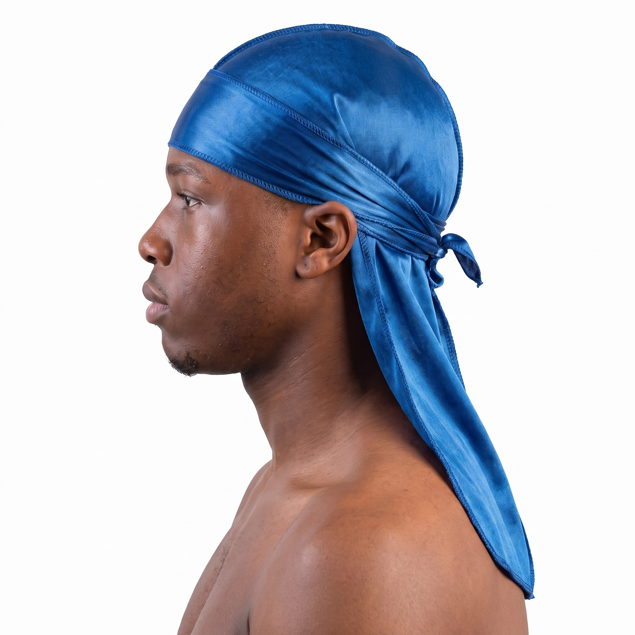 Premium True Blue Silk Durag worn by male model, side profile showing fit and tail drape