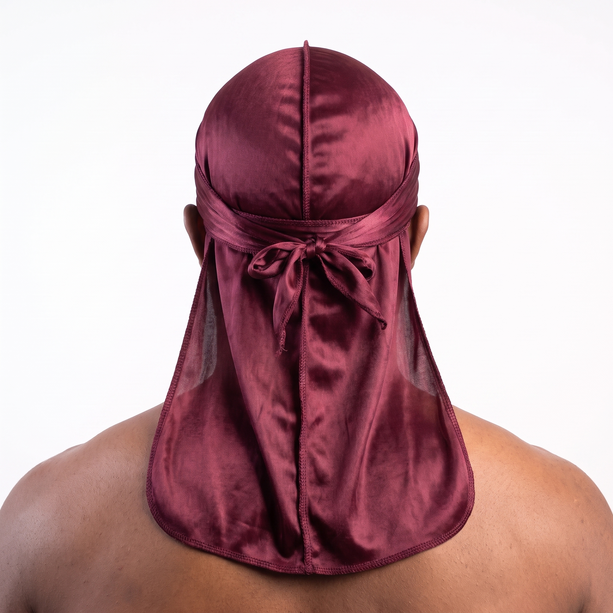 Premium Wine Red Silk Durag worn by male model, back view showing tied wrap and tail
