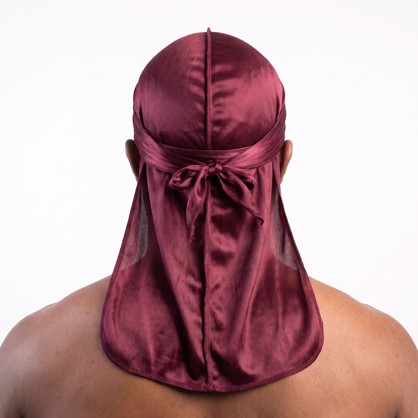 Premium Wine Red Silk Durag worn by male model, back view showing tied wrap and tail