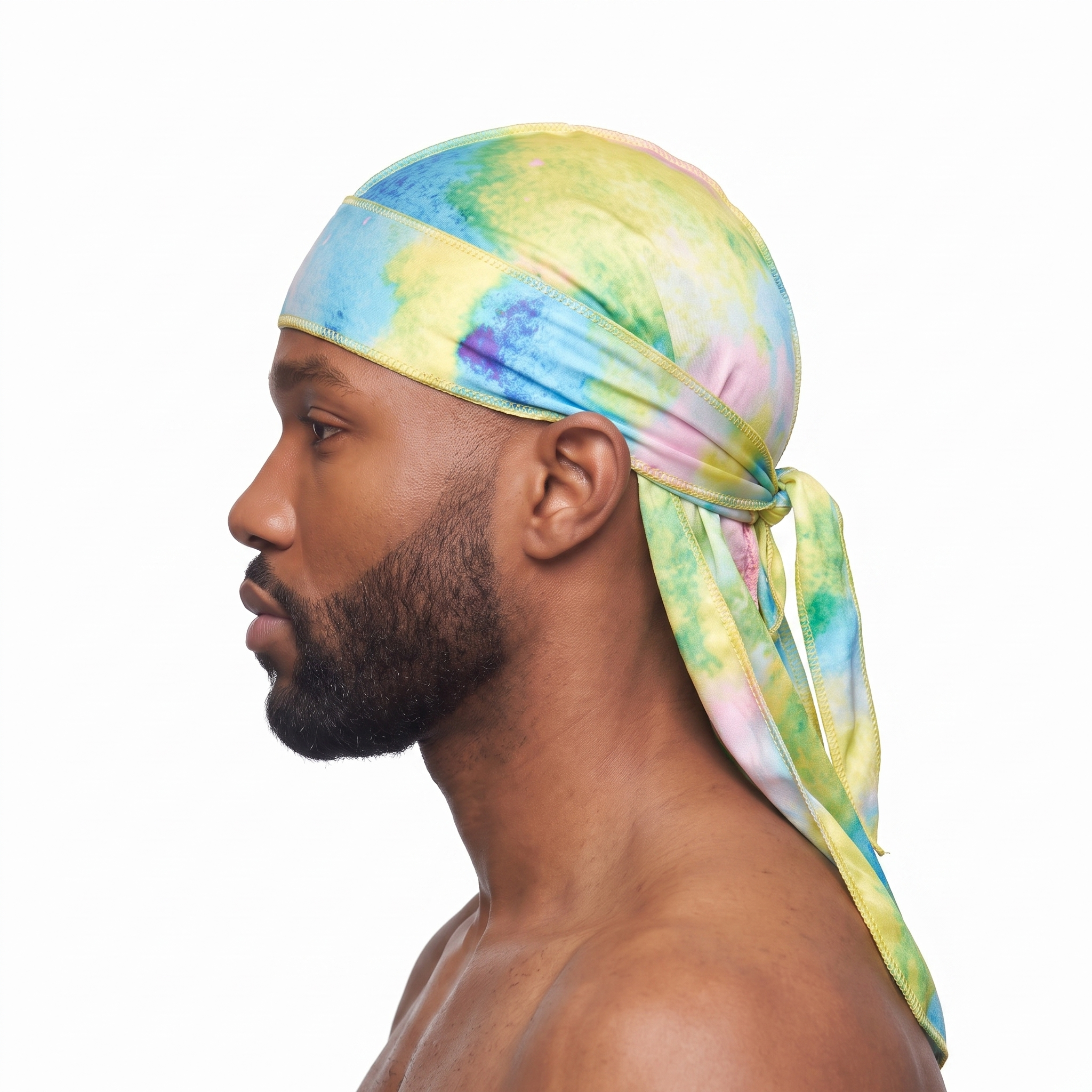 Pastel Island Love Satin Silky Durag worn by male model, side profile showing fit and tail drape