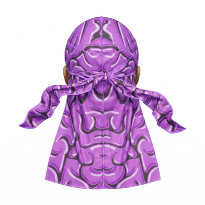 Purple Brains graphic Satin Silky Durag - premium silky durag back view showing wrap straps, tail and stitching