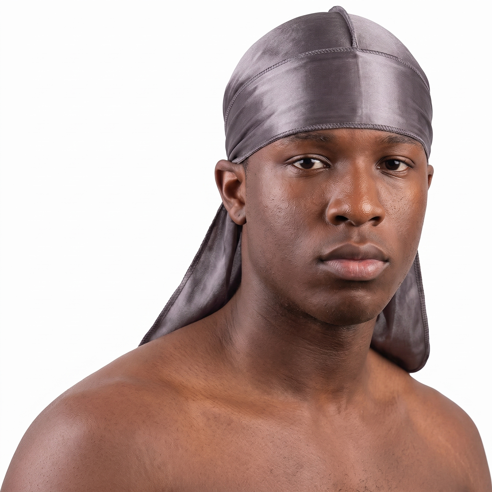 JagRags Stretchy Gun Metal and Silk Durag for Men worn by male model, front view on white background