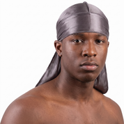 JagRags Stretchy Gun Metal and Silk Durag for Men worn by male model, front view on white background