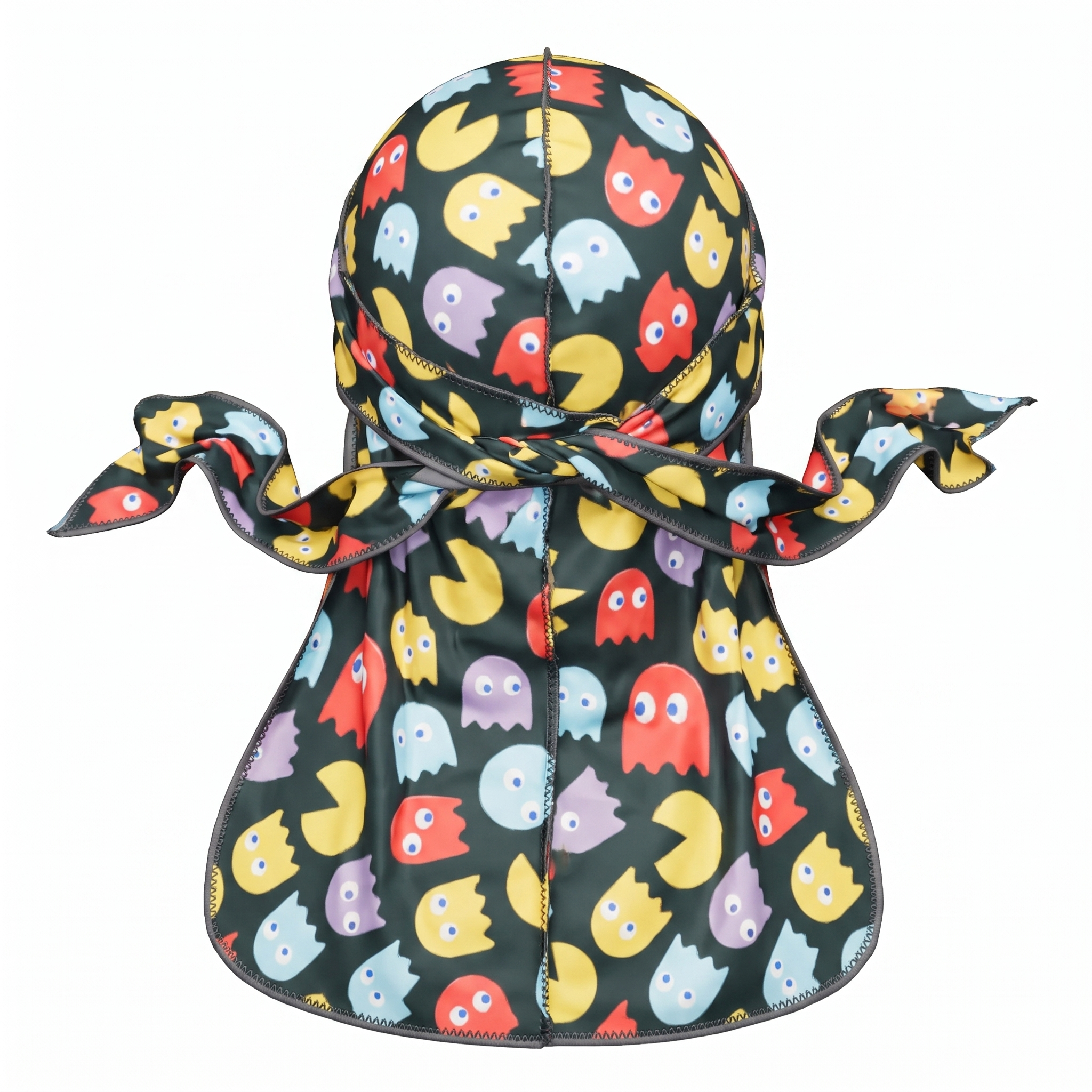 Pac-Man retro arcade Satin Silky Durag - premium silky durag back view showing wrap straps, tail and stitching