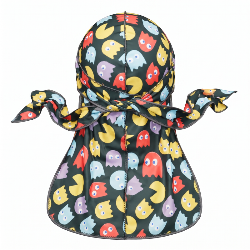 Pac-Man retro arcade Satin Silky Durag - premium silky durag back view showing wrap straps, tail and stitching