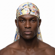 Naruto anime graphic Satin Silky Durag worn by male model, front view on white background