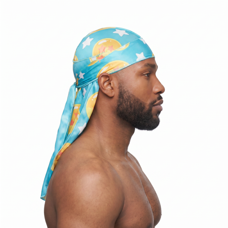 Dragon Ball Z Turquoise Satin Silky Durag worn by male model, side profile showing fit and tail drape