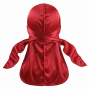 Premium Red Silk Durag - premium heavy silky durag back view showing wrap straps, tail and stitching