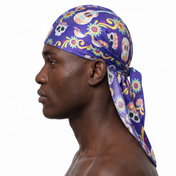 Cinco De Mayo Indigo festive Satin Silky Durag worn by male model, side profile showing fit and tail drape