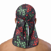 Christmas Time Black holiday Satin Silky Durag worn by male model, back view showing tied wrap and tail