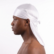 Premium White Silk Durag worn by male model, side profile showing fit and tail drape