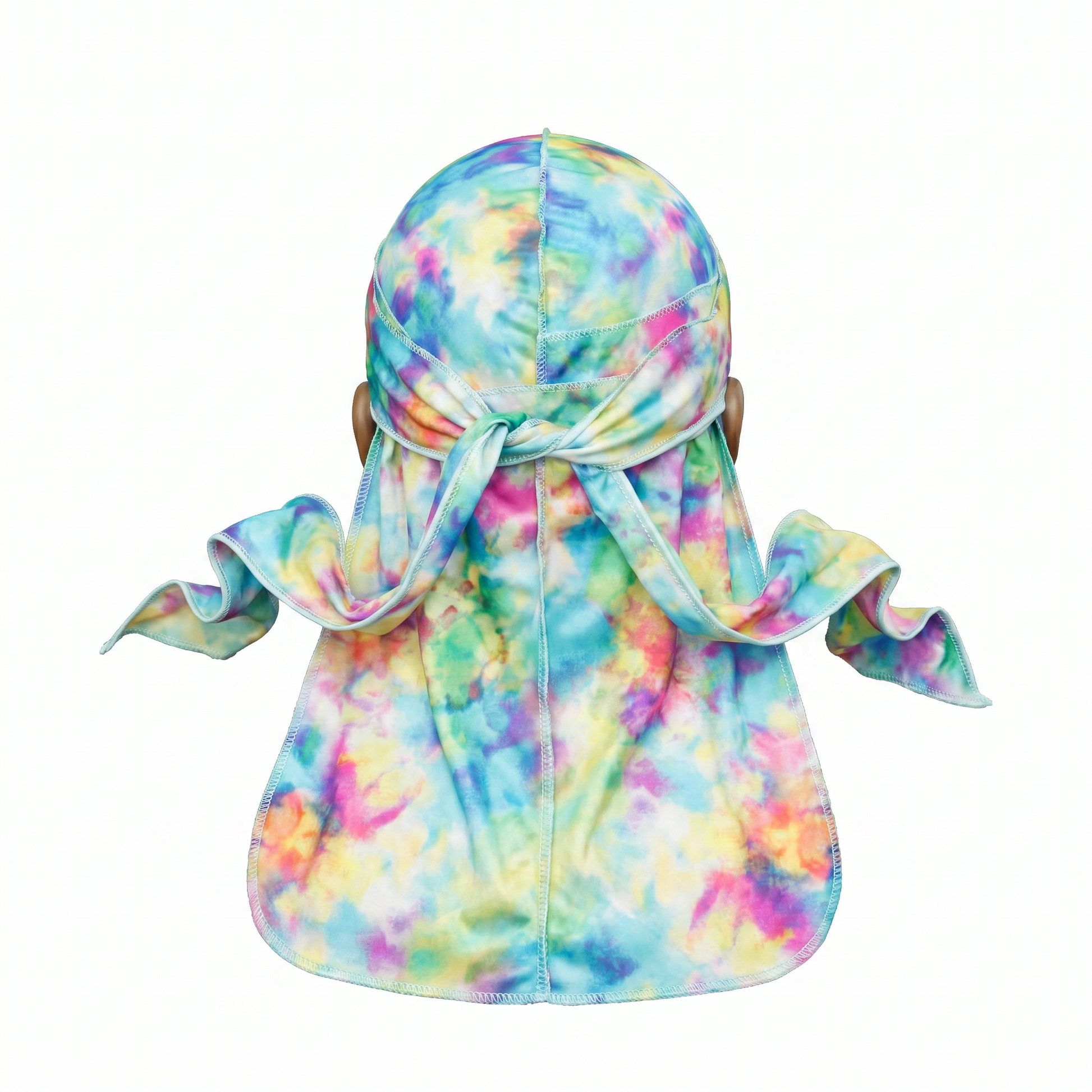 Color Bomb multicolor Tye Dye Satin Silky Durag - premium silky durag back view showing wrap straps, tail and stitching