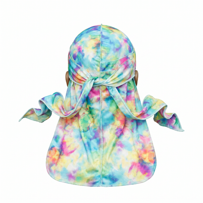 Color Bomb multicolor Tye Dye Satin Silky Durag - premium silky durag back view showing wrap straps, tail and stitching